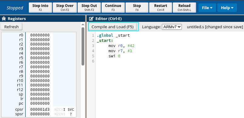 A simple ARM Assembly program in an emulator, online.