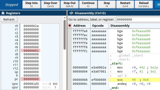 A simple ARM Assembly program in an emulator, online, showing step-over.