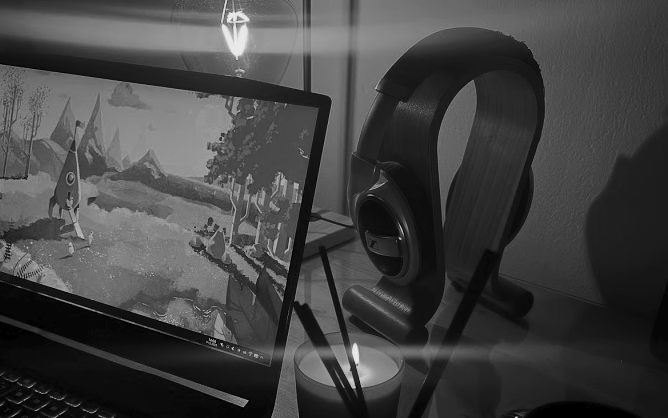 A laptop, headphones and a diffuser.
