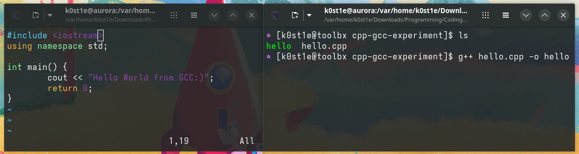 Showcasing toolbox terminal with VIM on the side.