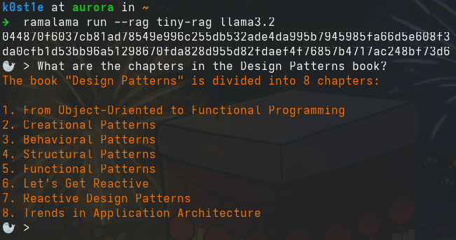 Simple query using llama3.2 with a RAG. User asks for book chapters and the bot responds.