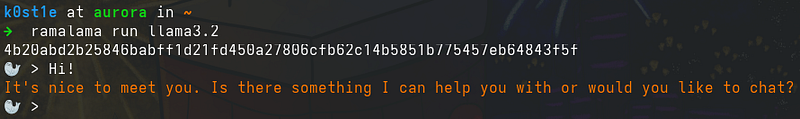 Simple query using llama3.2. User says hi and AI responds.