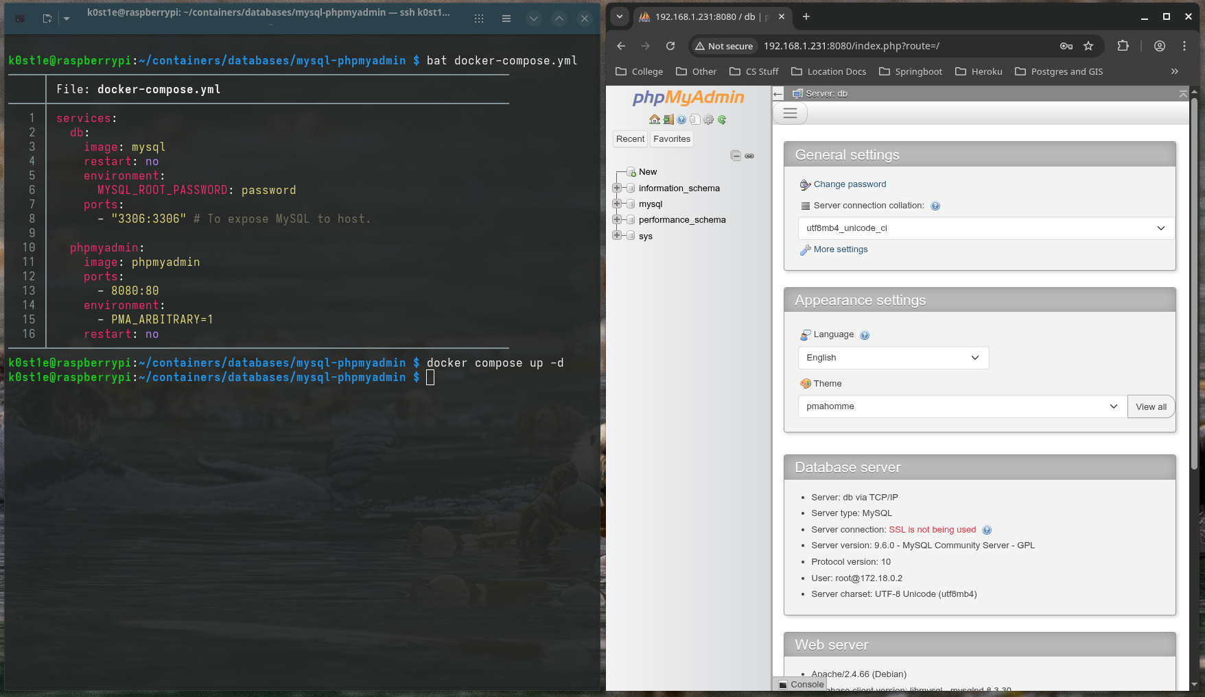 Docker compose is showcased along with a database running.