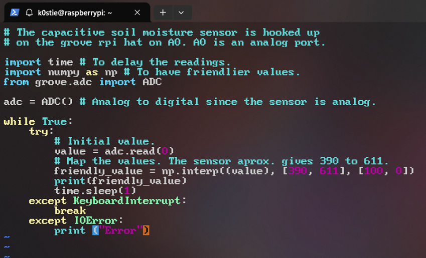 A python program that is used in order to take readings from a moisture sensor.